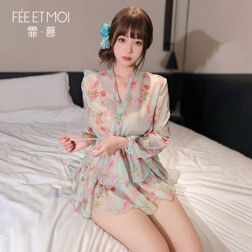 【情趣内衣】霏慕 茶歇法式V领系带印花裙7871 商品图4