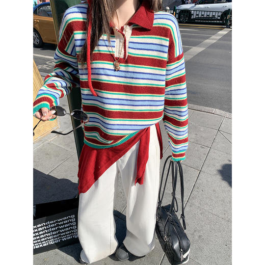 <曾小咸推荐>现货秒杀 ！微信超特价！韩系条纹polo领针织衫 日常189.99 立减100 秒杀89.99！！ 商品图1