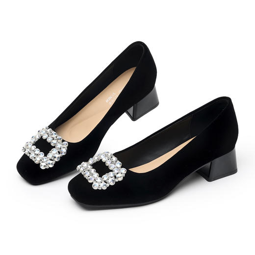通勤风水钻方扣粗跟单鞋女黑色绒面浅口高跟鞋不累脚X6C159-08 商品图3