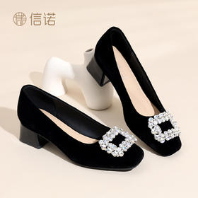 通勤风水钻方扣粗跟单鞋女黑色绒面浅口高跟鞋不累脚X6C159-08
