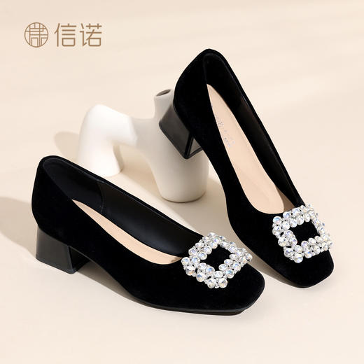 通勤风水钻方扣粗跟单鞋女黑色绒面浅口高跟鞋不累脚X6C159-08 商品图0