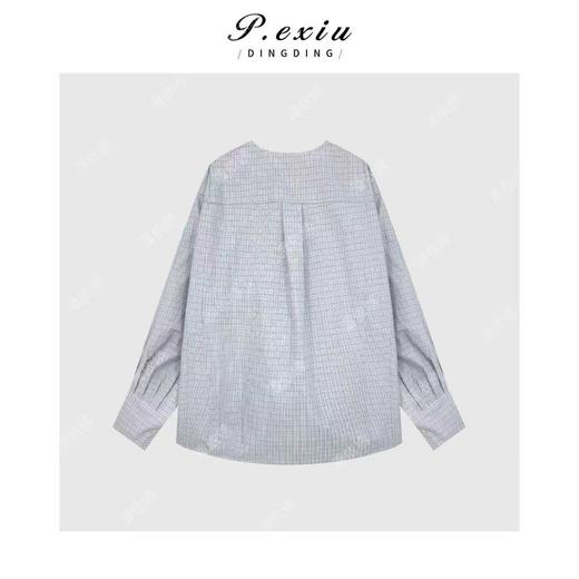04-6潘依绣丁丁宠粉复古格纹撞色V领系带长袖衬衫Q50862 商品图1