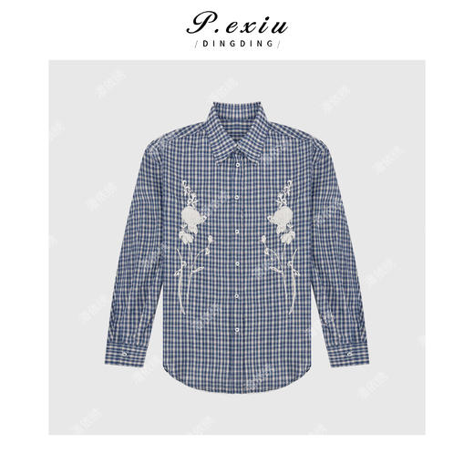 04-1潘依绣丁丁宠粉韩系蓝格刺绣松弛感长袖衬衫 W-62790 商品图1