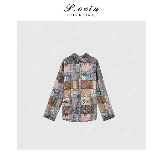 100%苎麻油画拼图高级感长袖衬衫 W-62423 商品图1