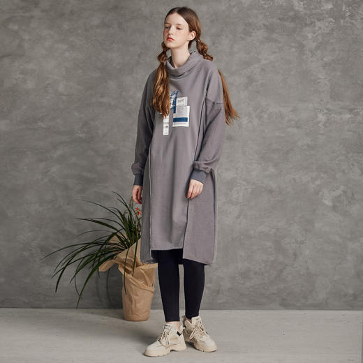 Famecoco范可儿高领纯棉卫衣春季潮流时尚拼贴印花中长款长袖卫衣女F195BE008 商品图1