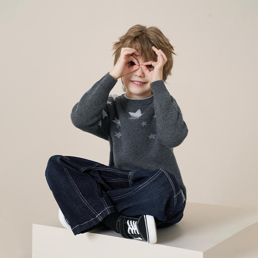 mettekids儿童100%羊绒衫2025秋冬男童圆领针织毛衣星星提花打底 商品图1