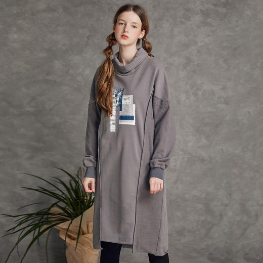 Famecoco范可儿高领纯棉卫衣春季潮流时尚拼贴印花中长款长袖卫衣女F195BE008 商品图3