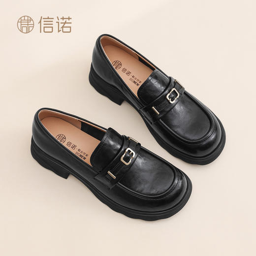 英伦风黑色乐福鞋女粗跟金属扣一脚蹬百搭单鞋X6C092-49 商品图2