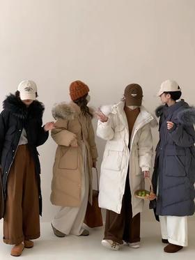 【YW】无忧购大毛领冬季50绒羽绒服女加长款过膝加厚收腰外套6611