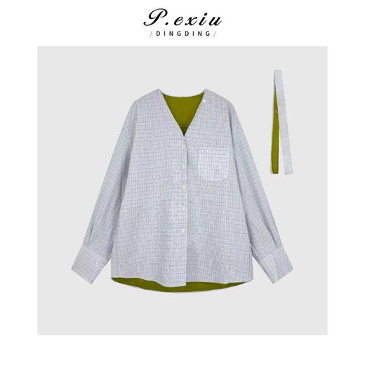04-6潘依绣丁丁宠粉复古格纹撞色V领系带长袖衬衫Q50862 商品图0