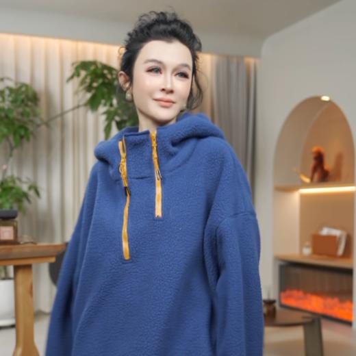 PanYiXiu/潘依绣美式复古减龄双拉链颗粒绒加厚连帽长袖卫衣W-63598 商品图0