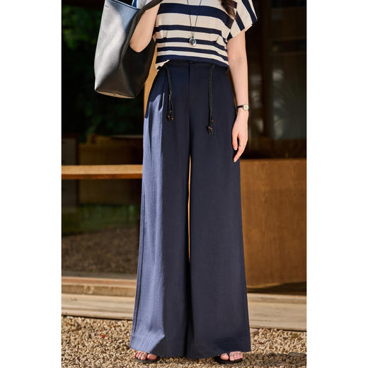 【藏青色预售10天】米思阳2026春新款老钱风松弛感仿亚麻时尚百搭绳结高腰阔腿裤休闲裤长款裤子女6073 商品图1