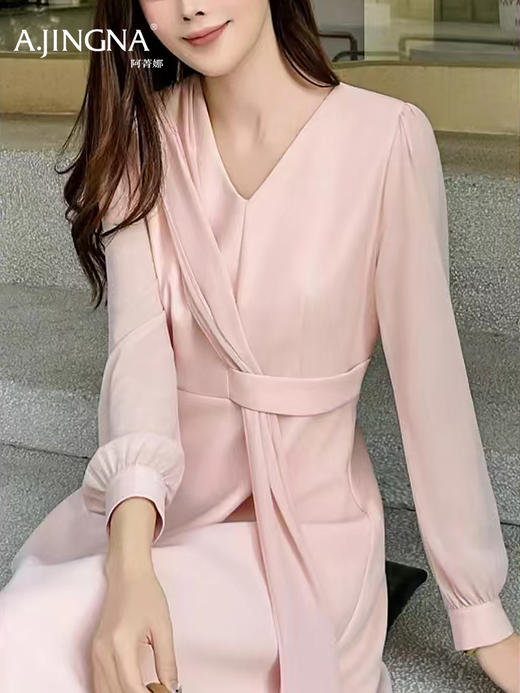 【V领收腰】阿菁娜春季新款气质连衣裙温柔风V领收腰设计微泡袖A字裙摆打造三七分比例F31C212003 商品图1