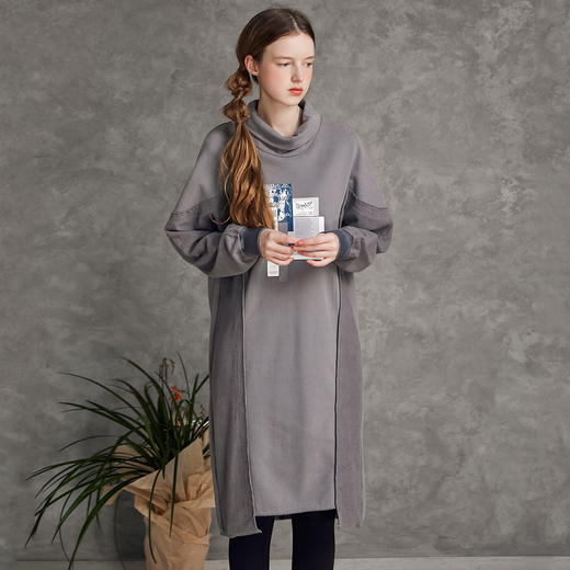 Famecoco范可儿高领纯棉卫衣春季潮流时尚拼贴印花中长款长袖卫衣女F195BE008 商品图4