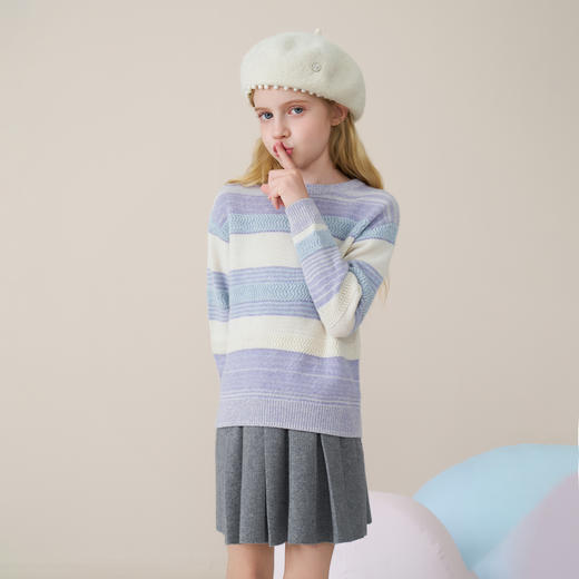 儿童100%羊绒衫2025秋冬女童圆领撞色条纹洋气针织套头毛衣打底衫 商品图1