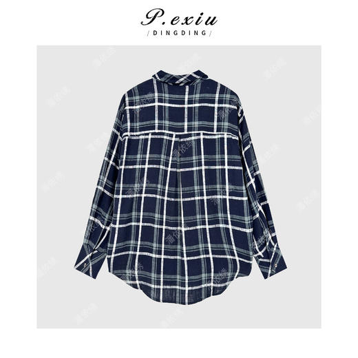 04-2潘依绣丁丁宠粉韩系宽松撞色格纹翻领长袖衬衫Q16477 商品图1