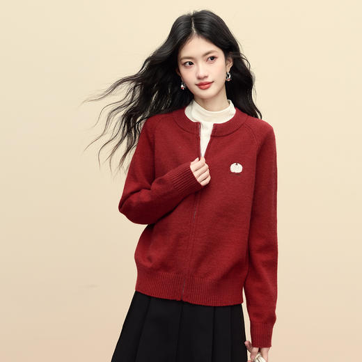 【1/21新品】熙世界绿色拉链毛衣开衫女2025秋冬新款宽松刺绣圆领针织衫短外套 商品图4