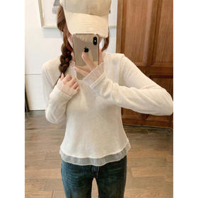 <曾小咸推荐>韩系拼接蕾丝圆领长袖t恤女