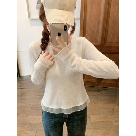 <曾小咸推荐>韩系拼接蕾丝圆领长袖t恤女 商品图0