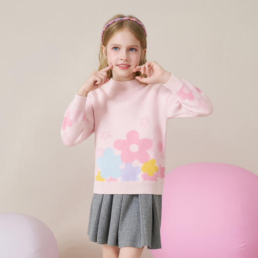 mettekids儿童100%羊绒衫2025秋冬女童粉色提花加厚针织套头毛衣 商品图1