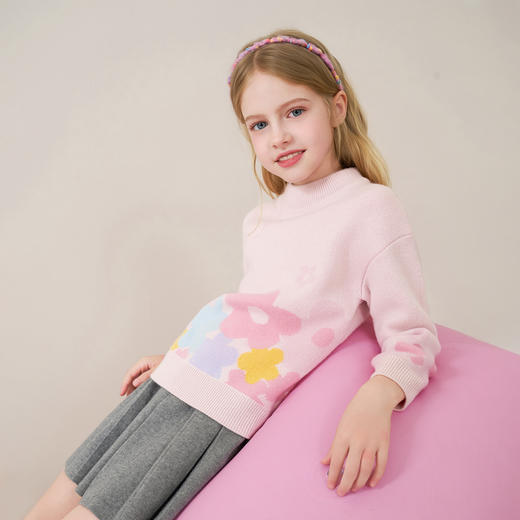 mettekids儿童100%羊绒衫2025秋冬女童粉色提花加厚针织套头毛衣 商品图2