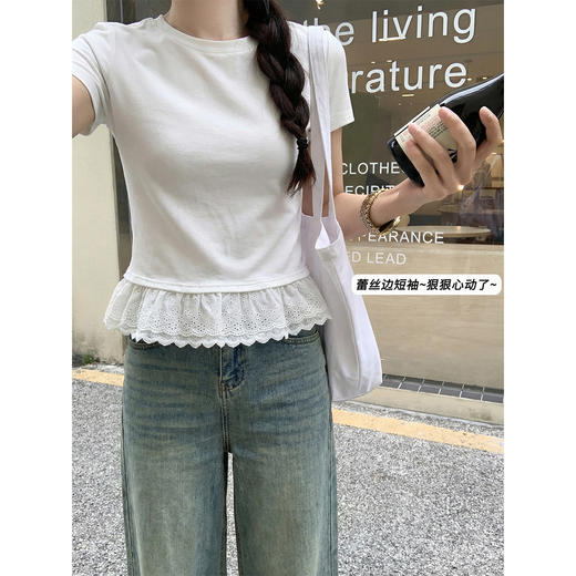 <曾小咸推荐>韩系蕾丝边白色短袖t恤上衣 商品图3