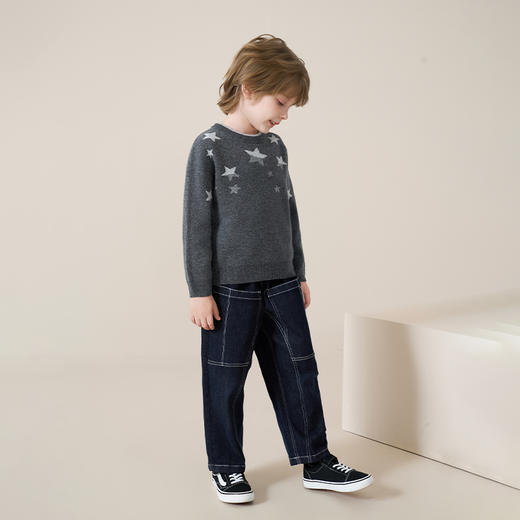 mettekids儿童100%羊绒衫2025秋冬男童圆领针织毛衣星星提花打底 商品图5