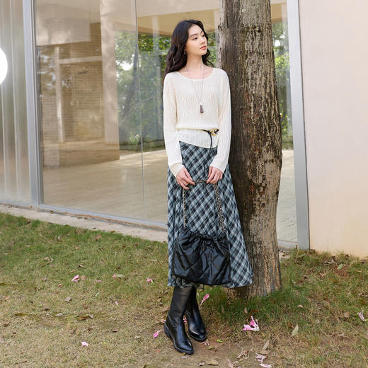 三彩2026春季新款设计感高腰复古格纹半身裙A字裙长裙显瘦垂感S 商品图2