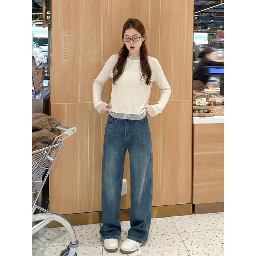 <曾小咸推荐>韩系拼接蕾丝圆领长袖t恤女 商品图3