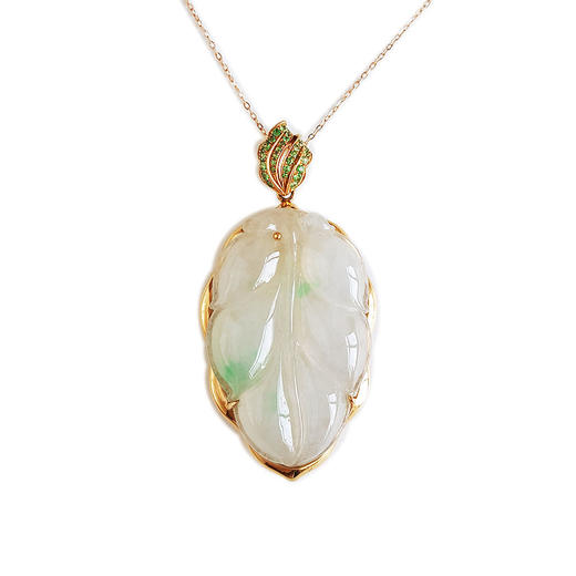 【天然正品】A货翡翠AU750黄金镶天然细腻飘绿冰种叶子（金枝玉叶）翡翠吊坠项链49.0*24.5*8.8MM（皆取最大值）101125AH25 商品图0