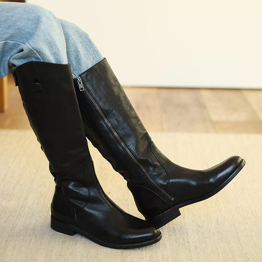 绽放LSX011朵漫步·马皮长靴女秋冬帅气圆尖头真皮长筒靴通勤百搭 商品图1