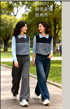 680097翻领条纹假两件针织衫