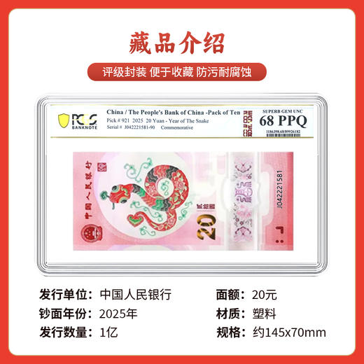 2025蛇年生肖纪念钞81尾十连号PCGS评级 银行正品 商品图3