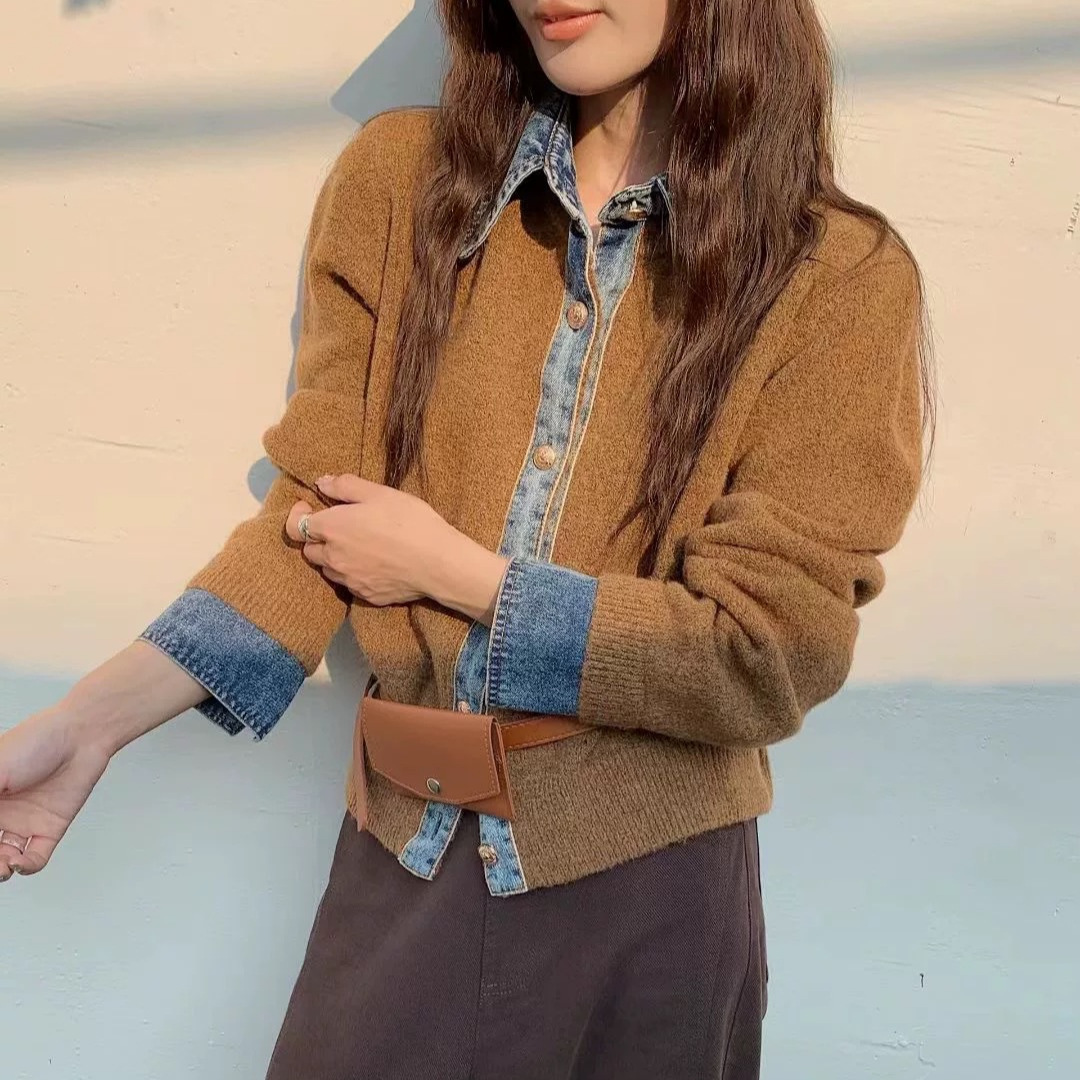 【牛仔衬衫领拼接假两件套】春秋新款 韩系chic高级感针织毛衣外套