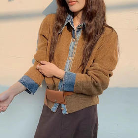 【牛仔衬衫领拼接假两件套】春秋新款 韩系chic高级感针织毛衣外套