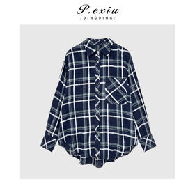 04-2潘依绣丁丁宠粉韩系宽松撞色格纹翻领长袖衬衫Q16477