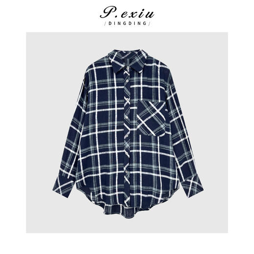 04-2潘依绣丁丁宠粉韩系宽松撞色格纹翻领长袖衬衫Q16477 商品图0