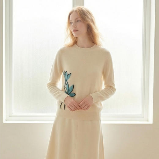 KINGDEER/KD百搭圆领常规大花保暖毛衣休闲套衫羊绒衫L805626温婉奶油款鹿王 商品图10