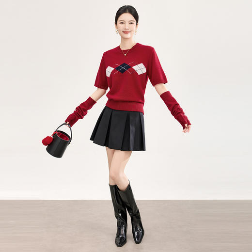 「高货wl」全新升级【铂金会员330/天猫439/差价109】(05134)洛诗琳四平密织菱格提花羊毛上衣2026春季新款复古慵懒袖套短袖针织上衣 商品图0