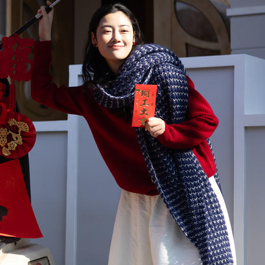 绽放/LSX006朵绒叙·重工羊毛马海毛混纺蓝白撞色保暖加厚长围巾 商品图1