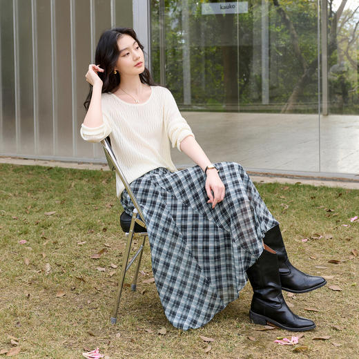 三彩2026春季新款设计感高腰复古格纹半身裙A字裙长裙显瘦垂感S 商品图3
