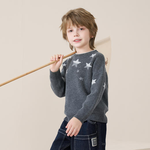mettekids儿童100%羊绒衫2025秋冬男童圆领针织毛衣星星提花打底 商品图3