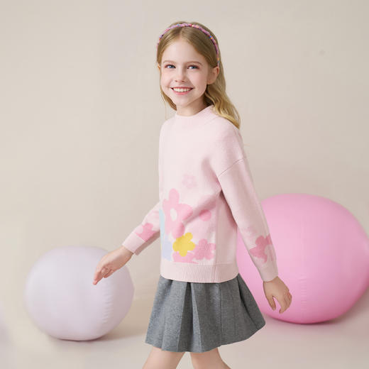 mettekids儿童100%羊绒衫2025秋冬女童粉色提花加厚针织套头毛衣 商品图3