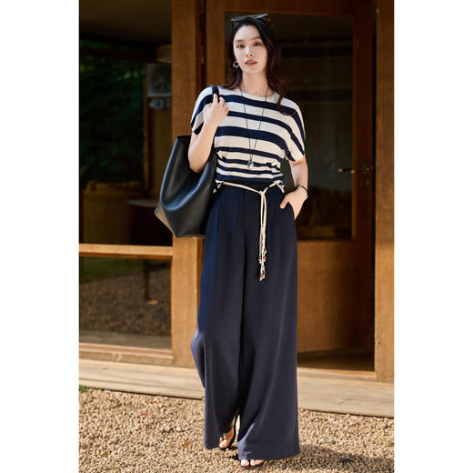 【藏青色预售10天】米思阳2026春新款老钱风松弛感仿亚麻时尚百搭绳结高腰阔腿裤休闲裤长款裤子女6073 商品图5