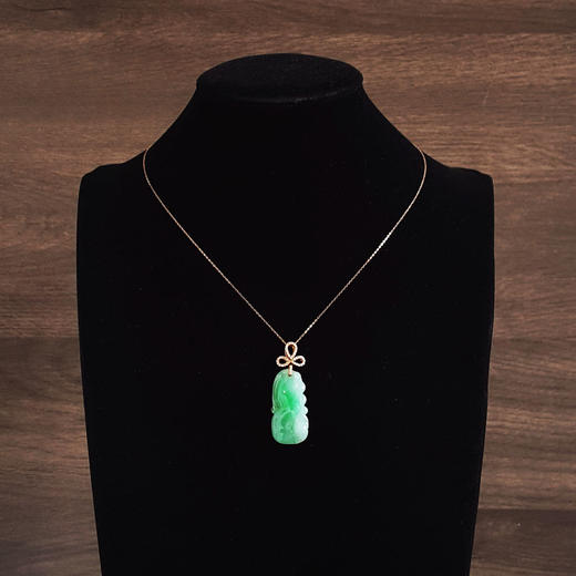 【天然正品】A货翡翠AU750黄金镶钻镶天然细腻满绿糯种葫芦（福禄平安）翡翠吊坠项链 101125AH11 商品图8