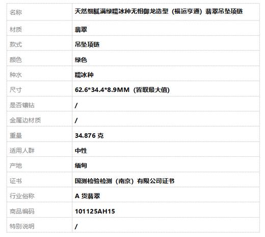 【天然正品】A货翡翠天然细腻满绿糯冰种无相御龙造型（福运亨通）翡翠吊坠项链62.6*34.4*8.9MM（皆取最大值）101125AH15 商品图9