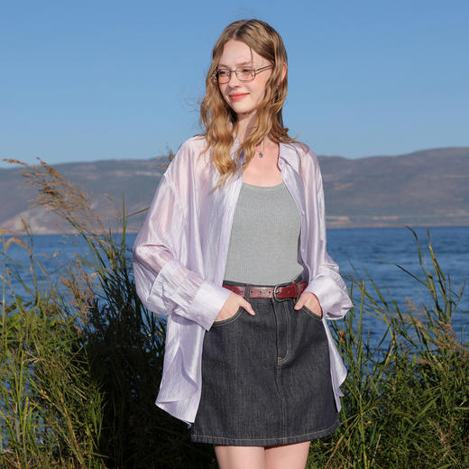 【醋酸】三彩2026春季新款宽松中长款衬衫轻薄小衫开衫翻领M 商品图3