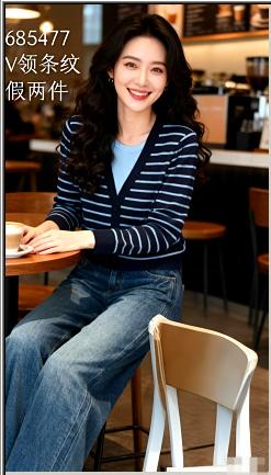 685477假两件V领条纹针织衫 商品图0