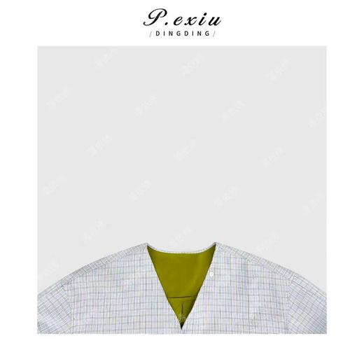 04-6潘依绣丁丁宠粉复古格纹撞色V领系带长袖衬衫Q50862 商品图2