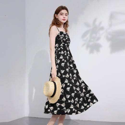 三彩2026春季新款印花提花吊带裙碎花连衣裙法式A字大摆长裙M 商品图1